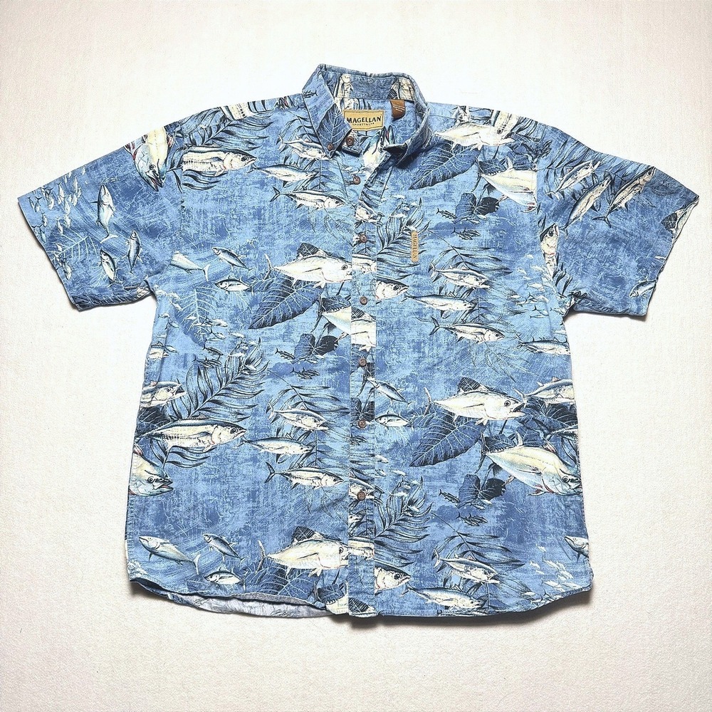 Magellan Sportswear Mens Large Blue Tuna Fish Tropical Print Cotton Shirt L